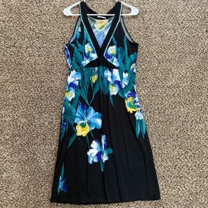 T Tahari Women‎ Sz *Medium Black Floral Sleeveless Dress V-Neck Stretch Tropical